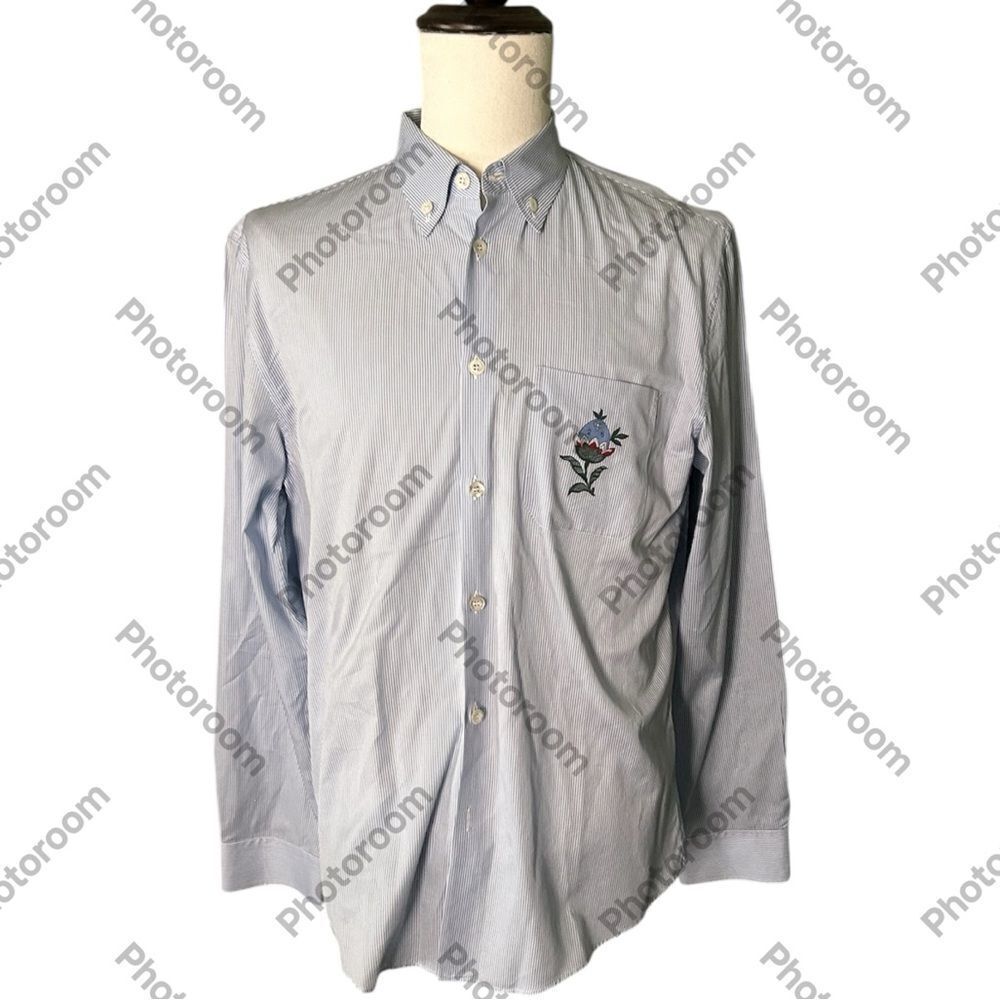 Gucci Light Blue Pinstriped Shirt Embroidered Flower pocket, Size 42 Preowned